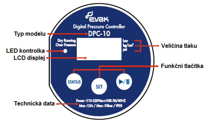Digitální tlakový spínač DPC 10 EVAK, 230V/50Hz/12A, kabel 0,5 m