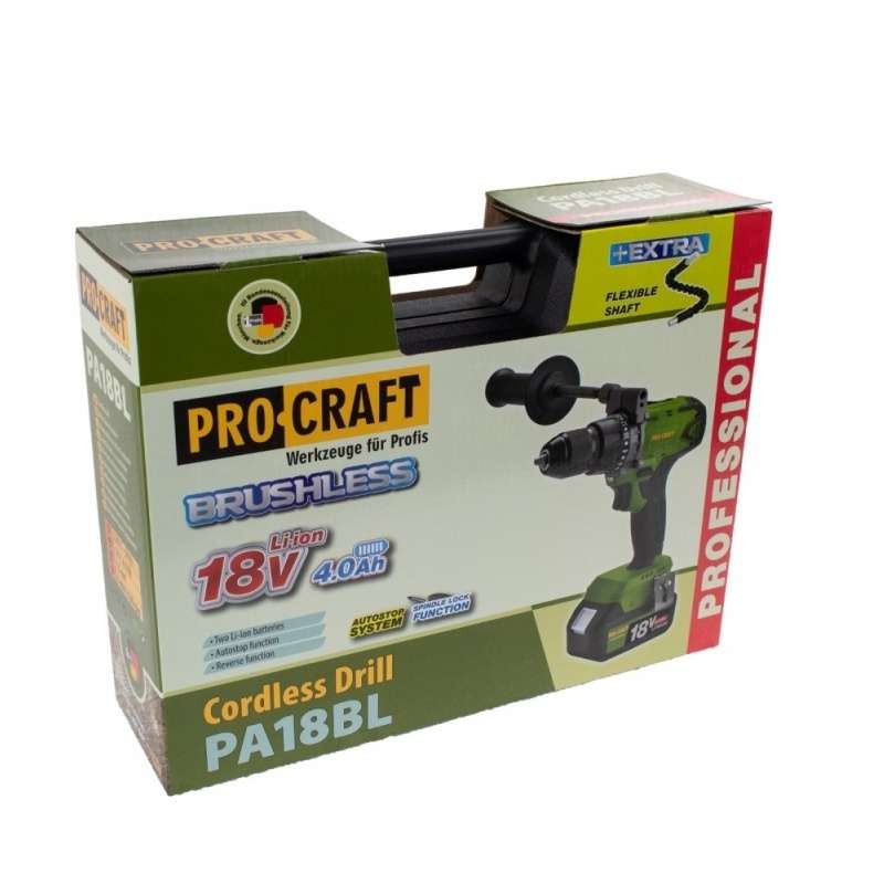 Bezuhlíkový aku vrtací šroubovák PA18BL PROCRAFT - 18V, 2x4,0Ah